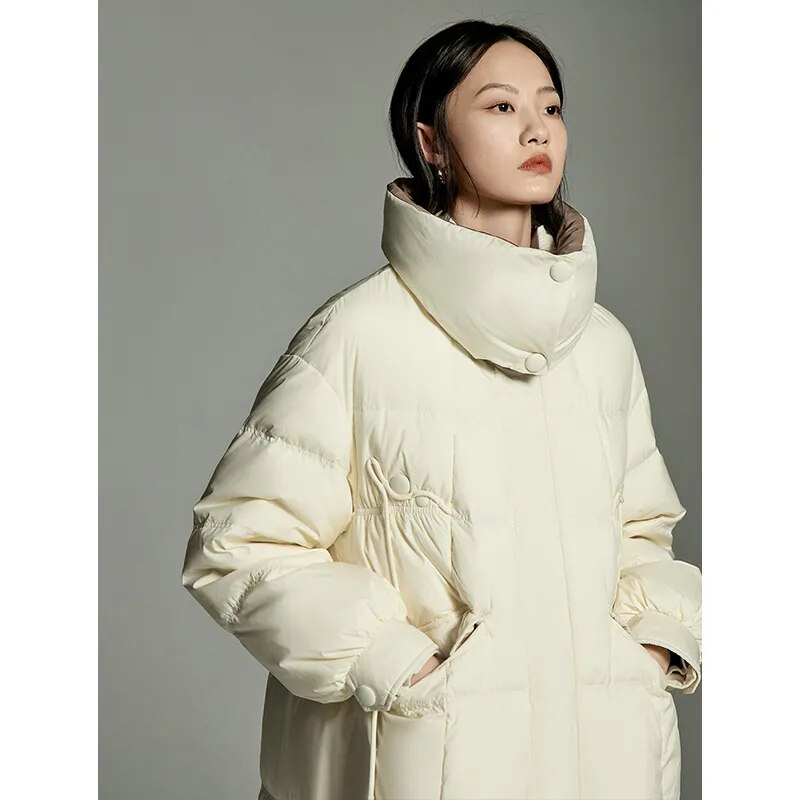 Toyouth Women White Duck Down Jacket 2024 Winter Long Sleeve Double Layered Standing Collar Loose Thick Coat Chic Warm Overcoat