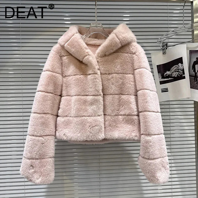 Winter New Fashion Warm Soft Hooded Faux Fur Short Coat For Women Solid Color High-end Jacket Female 11A07924