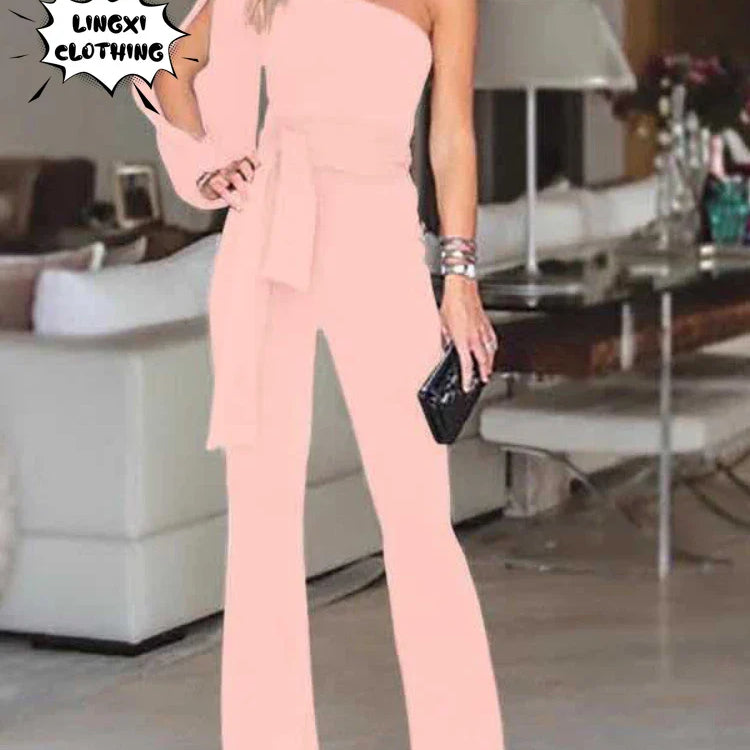 Summer New Women's High Waist Tie Up Solid Color Slim Fit Sexy Jumpsuit Slant Shoulder Elegant Banquet Women's Wear