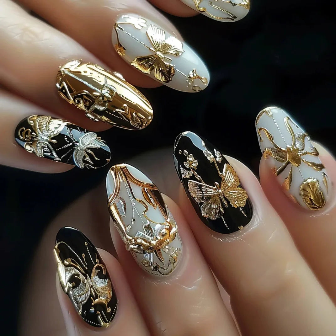 24pcs/set Medium long fake nails yellow dragon flowers feather design for Spring summer Square almond tips press on false nail 2218