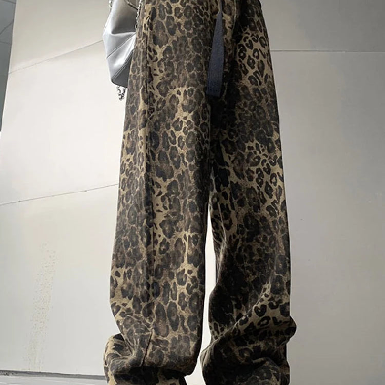 Woman Vintage Leopard Jeans Spring Autumn Simple Casual Oversize Wide Leg Trousers Streetwear Hip Hop Female Loose Pants