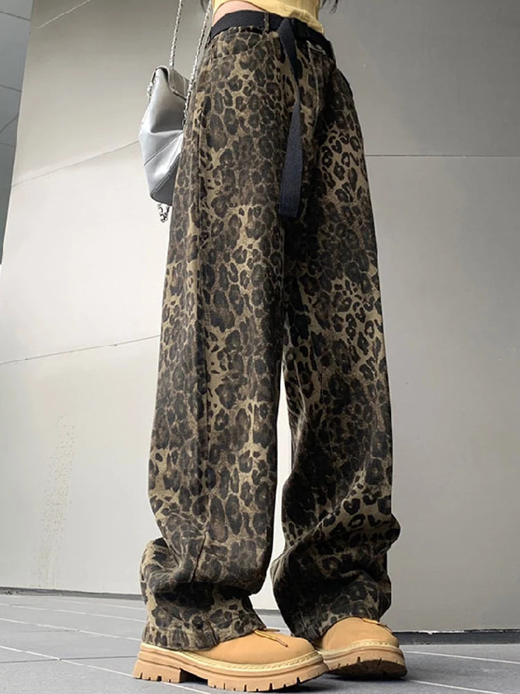 Woman Vintage Leopard Jeans Spring Autumn Simple Casual Oversize Wide Leg Trousers Streetwear Hip Hop Female Loose Pants