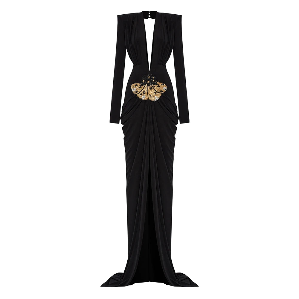 Black Deep V Plunge Long Dress Bead Sequins Butterfly Details Long Sleeves Slim High Slit Pleated Bodycon Party Evening Gowns black