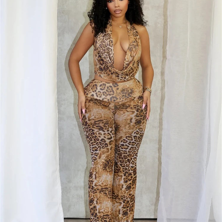 CM.YAYA Women's Set Sleeveless Halter V-neck Leopard Print Top + Pants Suit 2025 Sexy Slim Night Party Two 2 Piece Sets Outfits