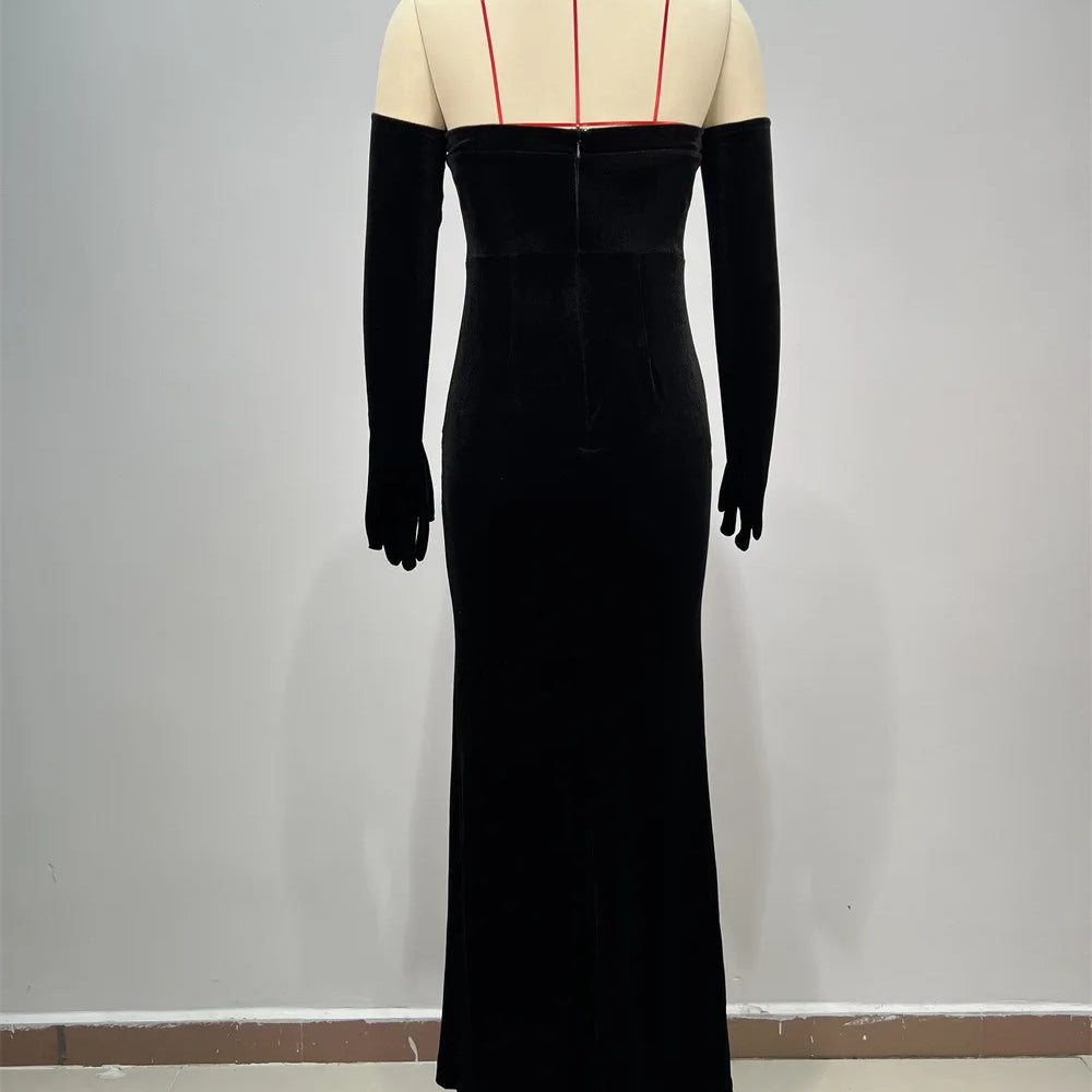 Black Lace Patchwork Velvet Halter Floor Length Dress Celebrity Party Dress Birthday Vestido