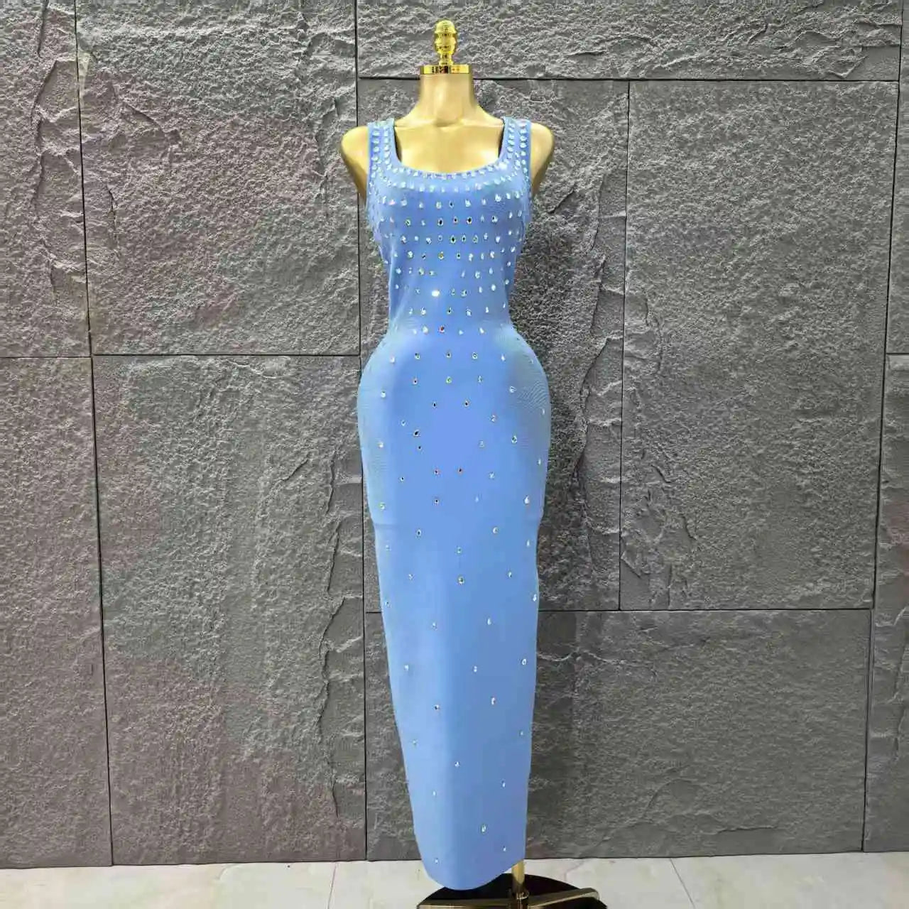 Skyblue Color Women Sleeveless O-Neck Shinning Crystal Bodycon Long Bandage Dress Celebrate Evening Party Birthday Outfit