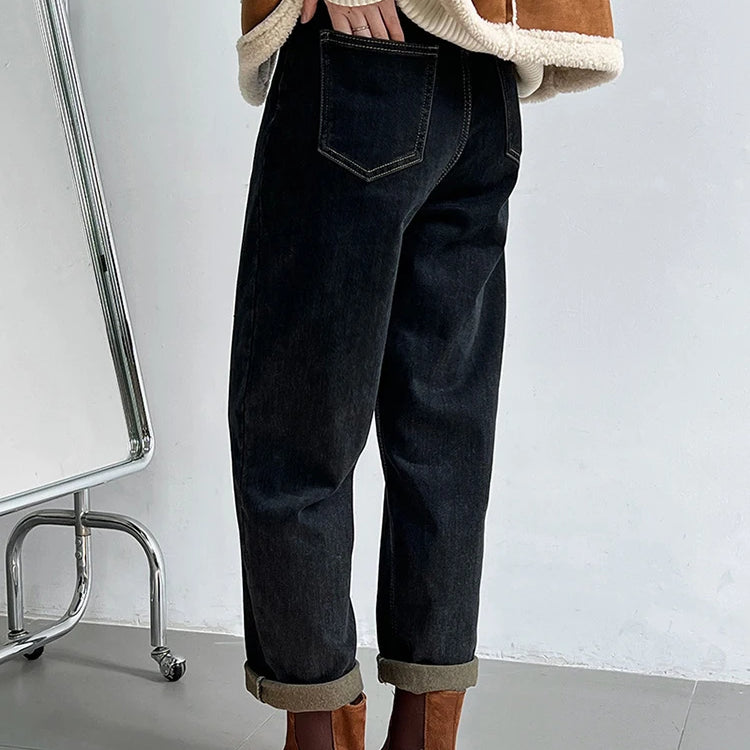 Winter Winter Thick Warm Jeans For Women Solid High Waist Straight Denim Pants Vintage Female Clothing