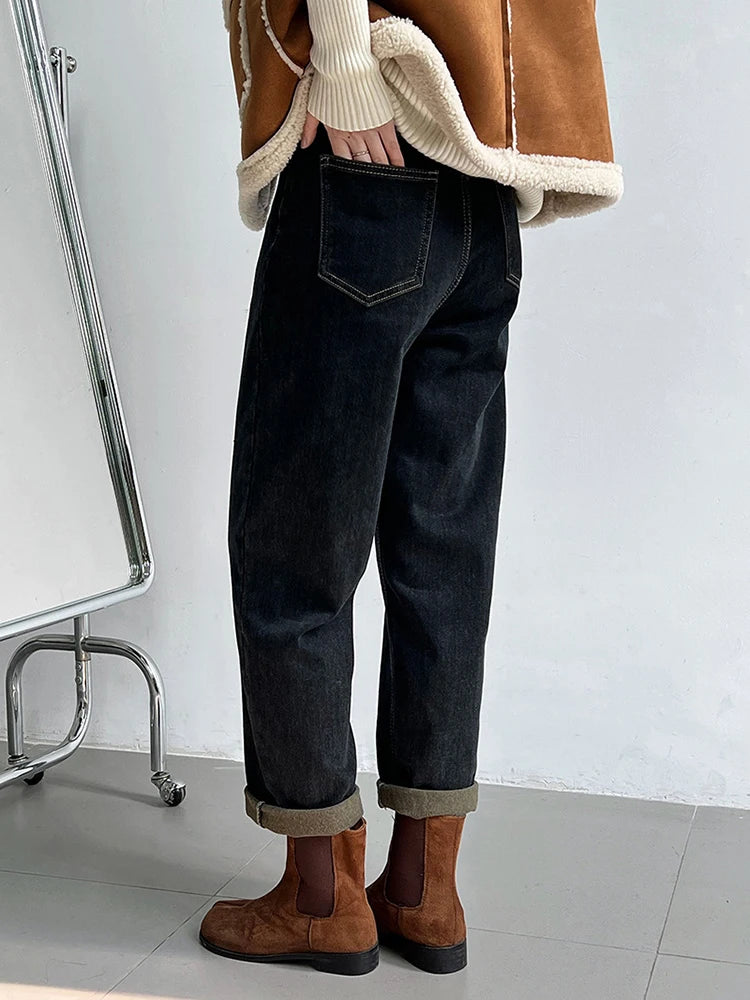 Winter Winter Thick Warm Jeans For Women Solid High Waist Straight Denim Pants Vintage Female Clothing