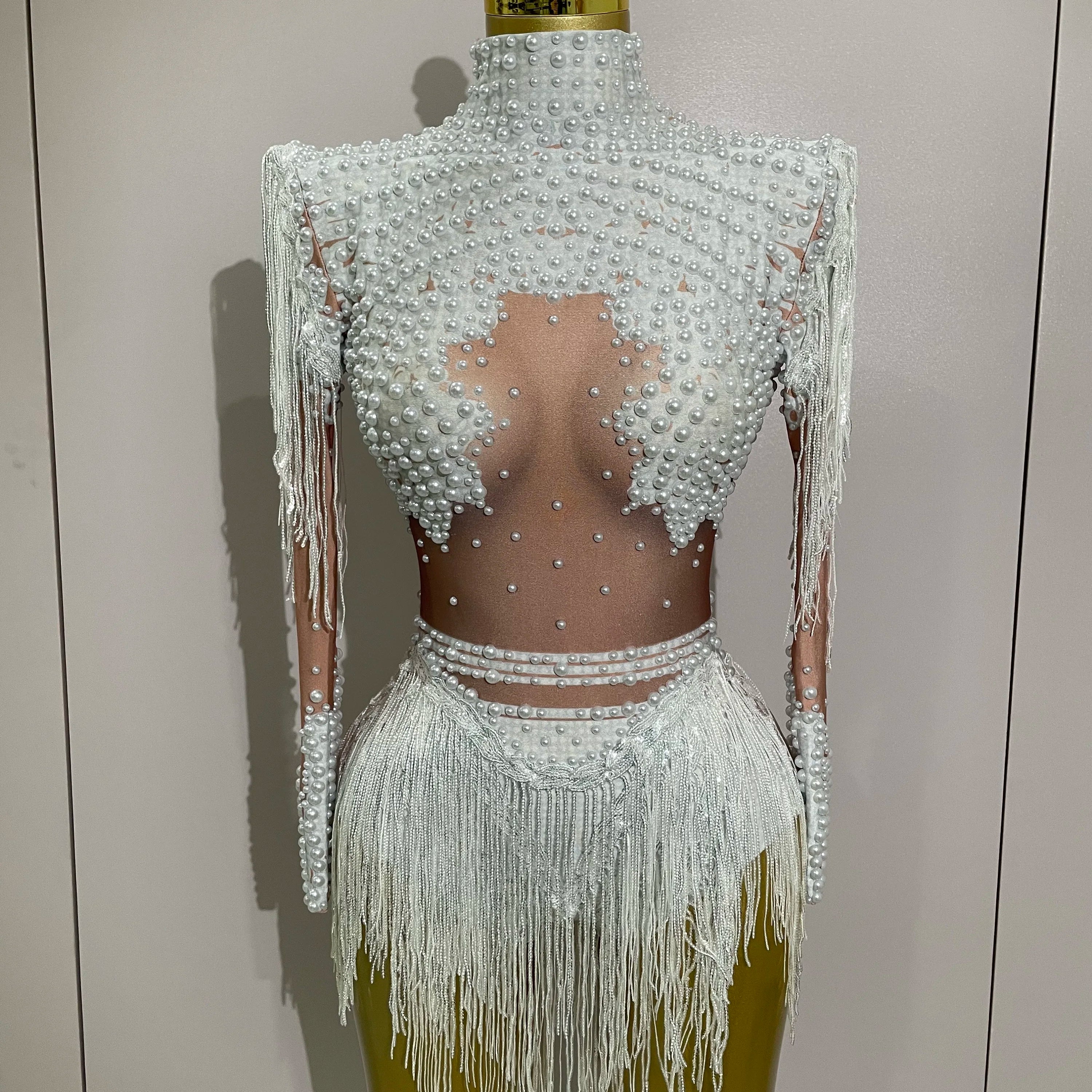 Women Sparkly Rhinestone Sequin Tassel Stretch Bodysuits 2025 Birthday Party Nightclub Dj Stage Performance Costume WHITE
