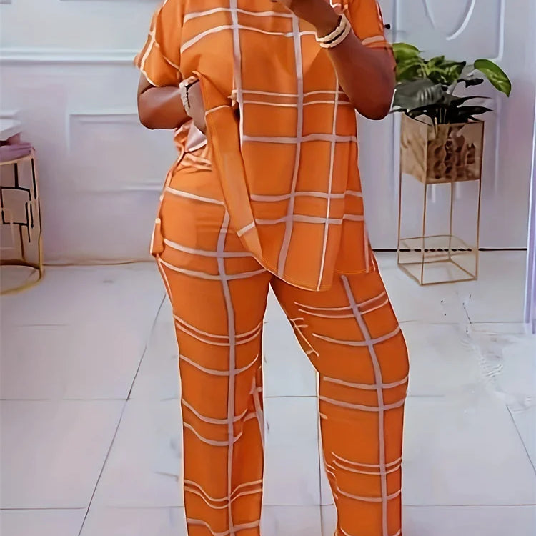 Wmstar Plus Size Two Piece Outfits Women Loose Striped Short Sleeve Top Wide Leg Pants Set Tracksuits Wholesale Dropshipping Orange