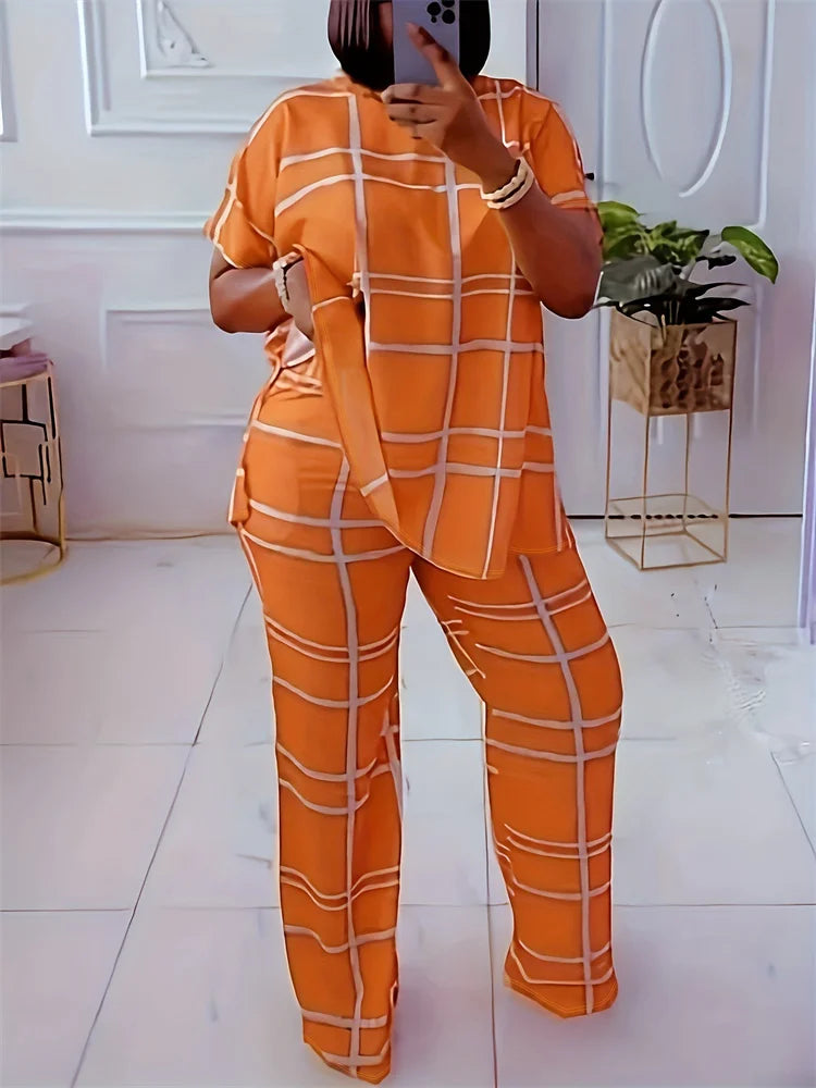 Wmstar Plus Size Two Piece Outfits Women Loose Striped Short Sleeve Top Wide Leg Pants Set Tracksuits Wholesale Dropshipping Orange