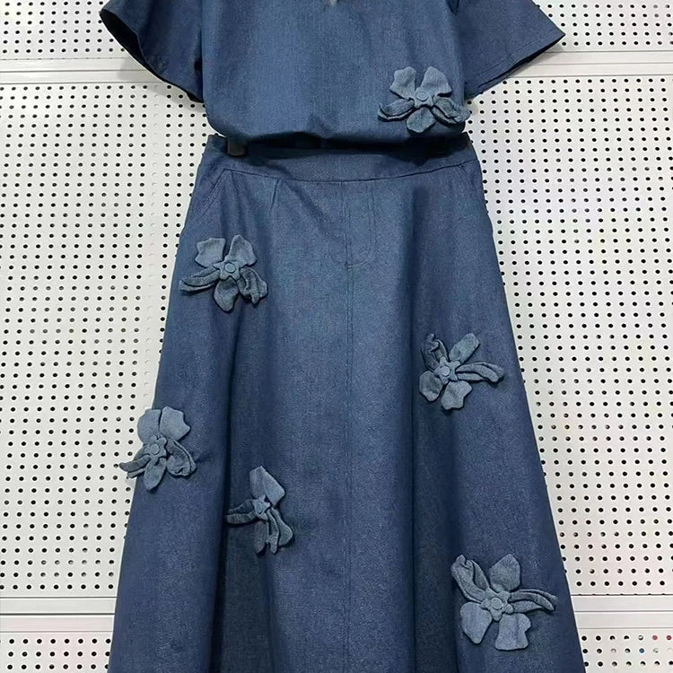 Spring 25 new denim women's suit three-dimensional flower lapel short-sleeved shirt+high waist A-shaped skirt two-piece suit Blue