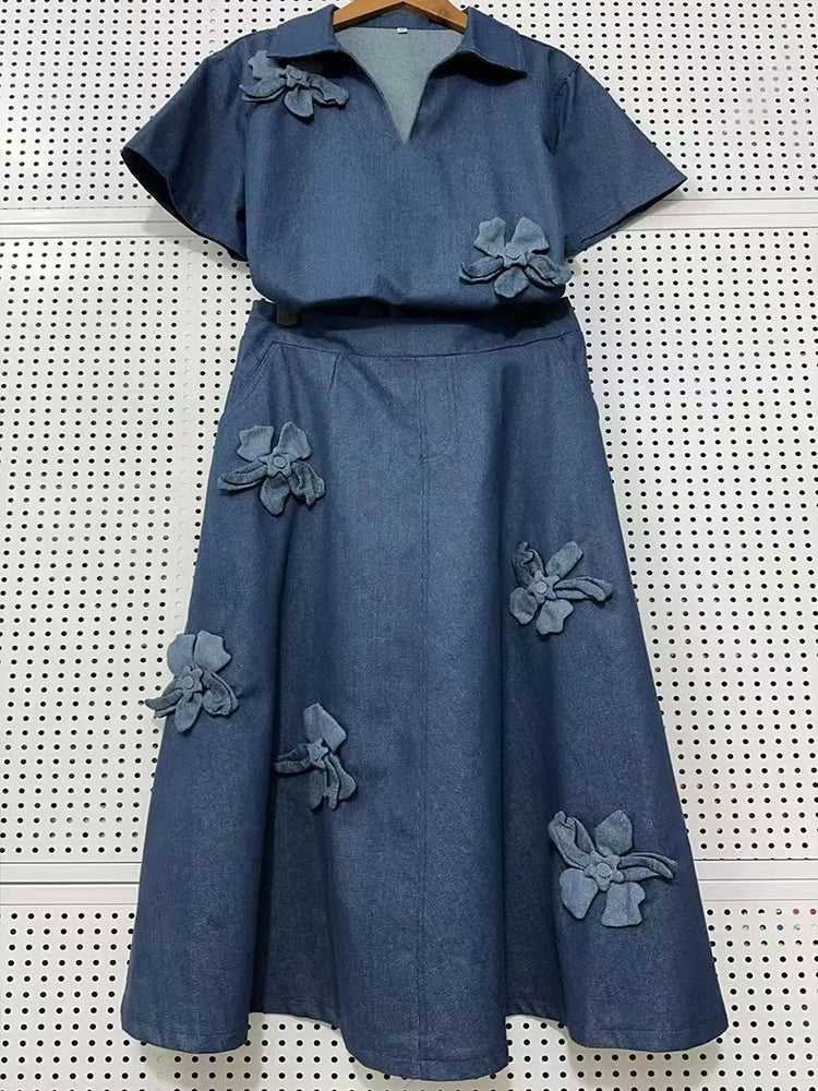 Spring 25 new denim women's suit three-dimensional flower lapel short-sleeved shirt+high waist A-shaped skirt two-piece suit Blue