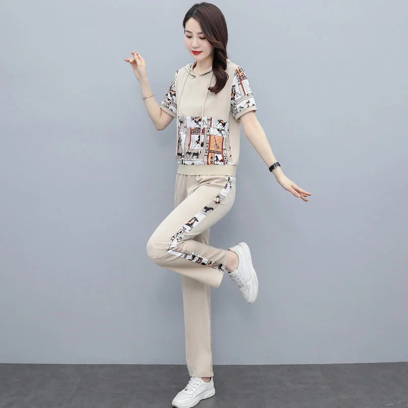 Women's Large Autumn New Casual Suit Loose Fashion Printed Hooded Short Sleeve Tops And Pants 2 Two Piece Set Plus Size Clothing Khaki