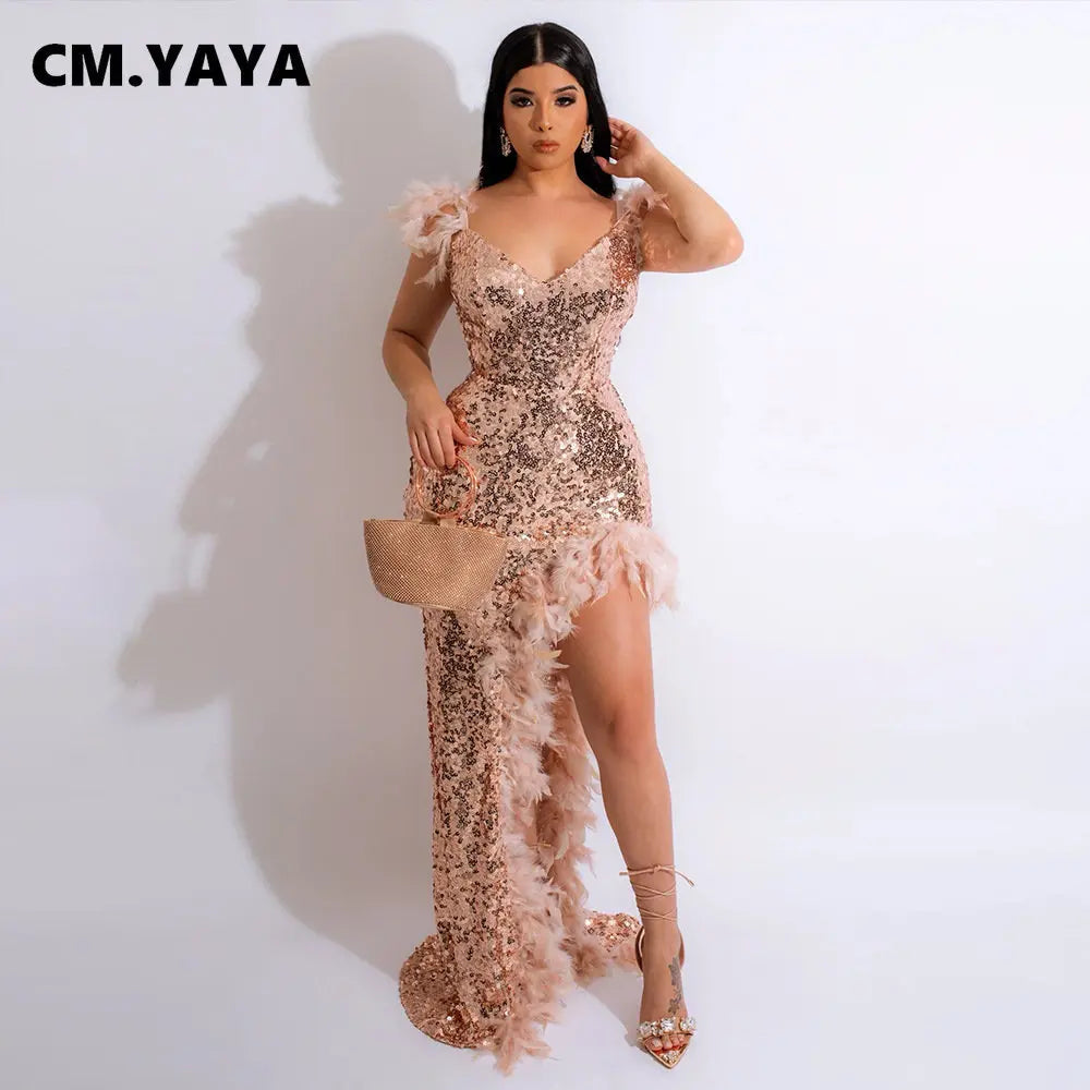 Women Sequined Spaghetti Strap Feather Hem High Side Slit Mermaid Trumpet Bodycon Midi Evening Sexy Party Maxi Dresses