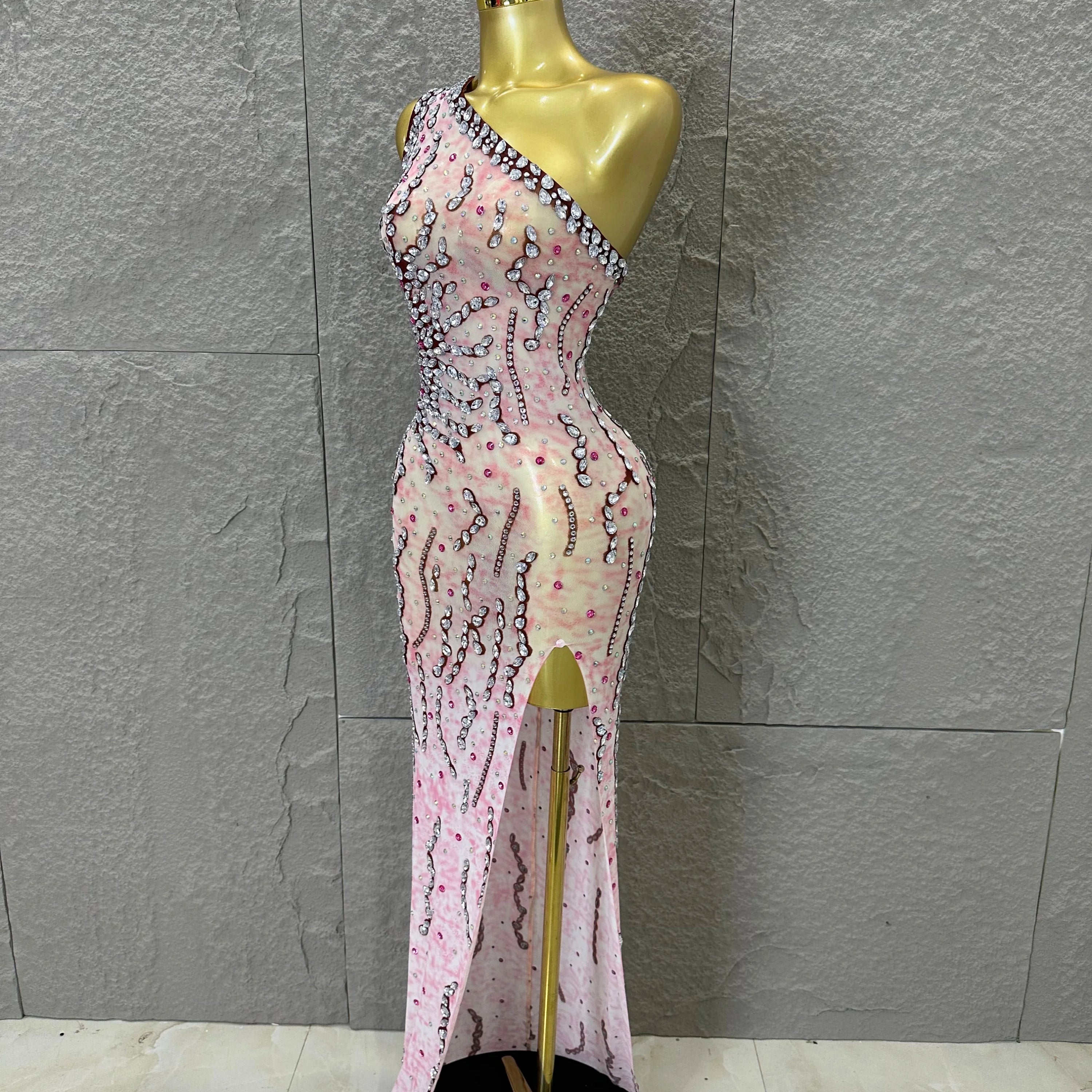 Women Sexy One-Shoulder Crystal Rhinestone Cutout High Slit Sheer Mesh Bodycon Outfit Stage Performance Evening Party Costume