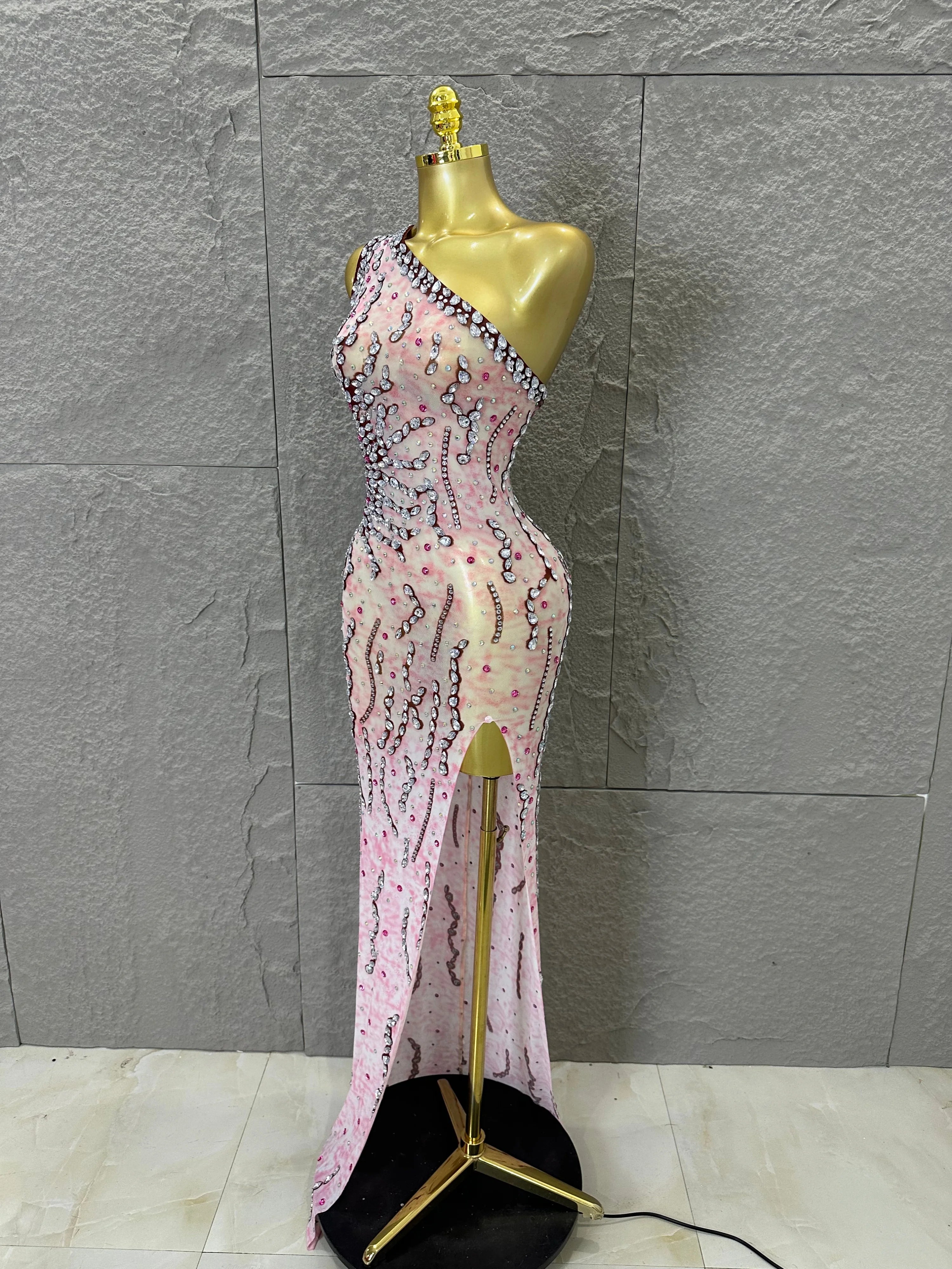 Women Sexy One-Shoulder Crystal Rhinestone Cutout High Slit Sheer Mesh Bodycon Outfit Stage Performance Evening Party Costume