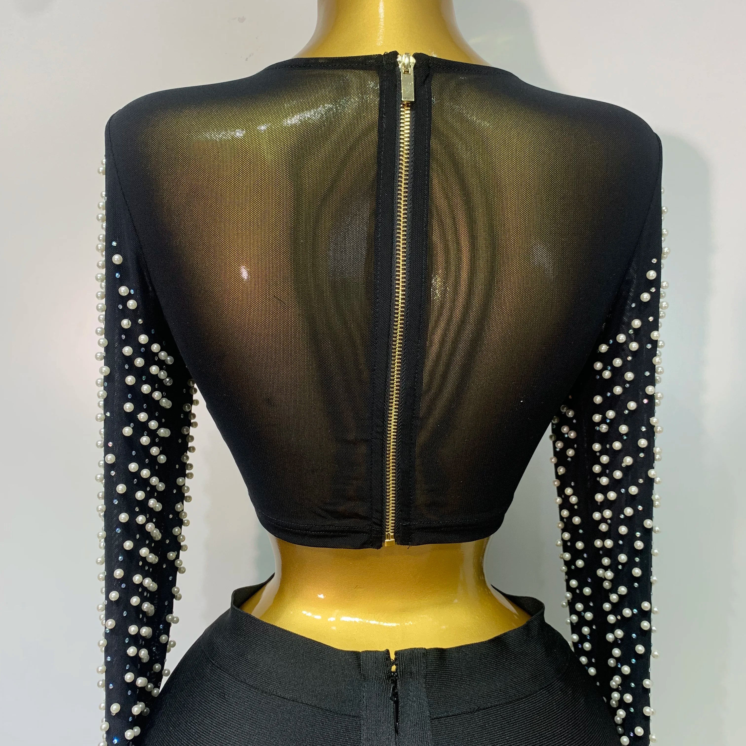 Women Sexy Long Sleeve Mesh Pearl Black Top Celebrity Midi Women Bandage Set 2025 Designer Evening Party Birthday Two Piece Set