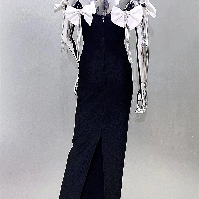 Sparkling Diamonds Tassel White Bows Sexy Off The Shoulder Ankle Lenght Bandage Dress Woman Birthday Party Vestido