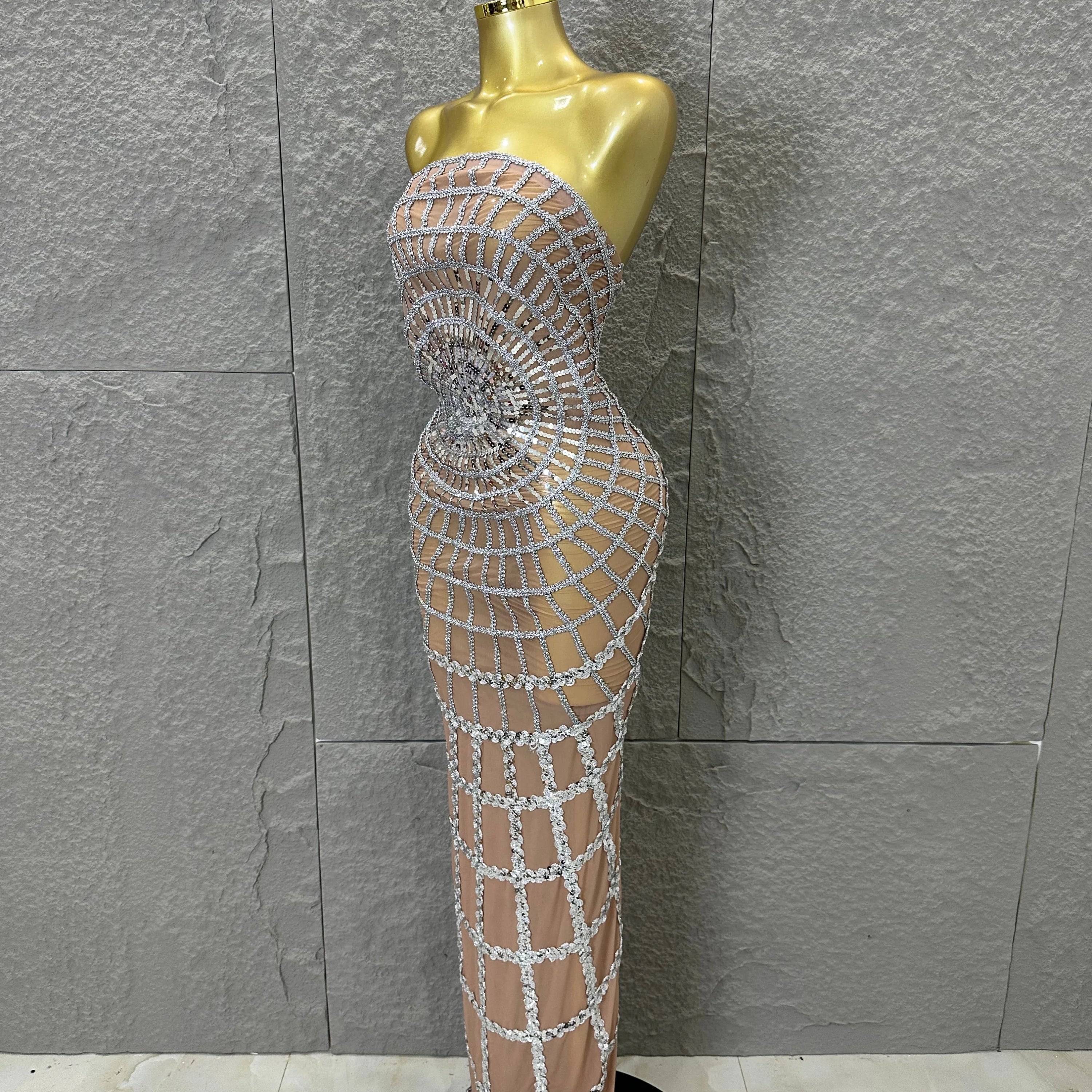 Elegant Sequined Sheer Mesh Maxi Dress Women Sexy Strapless 3D Grid Embellished Bodycon Mermaid Outfit Stage Performance Costume