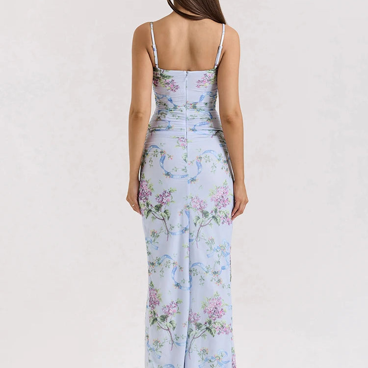 Blue Floral Print Mesh Maxi Dress For Women Gown Zipper Spaghetti Strap Sleeveless Backless Split Club Party Long Dress