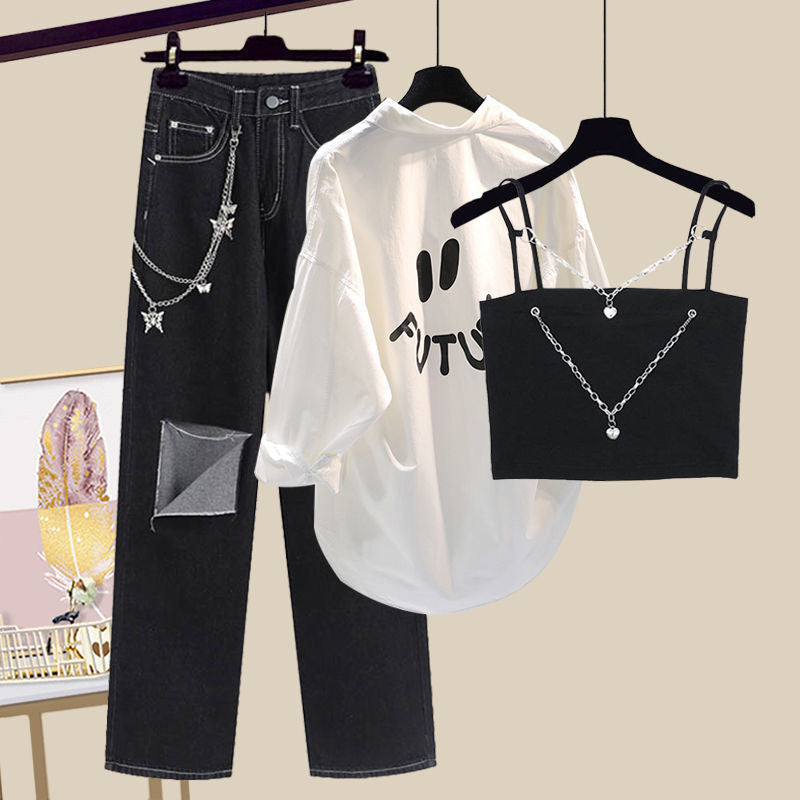 "Kvinnor Spring Summer Fashion Suit Letter White Shirts Chain Vest Denim Wide Leg Pants 3 Piece Set Lady Casual Streetwear Outfits"