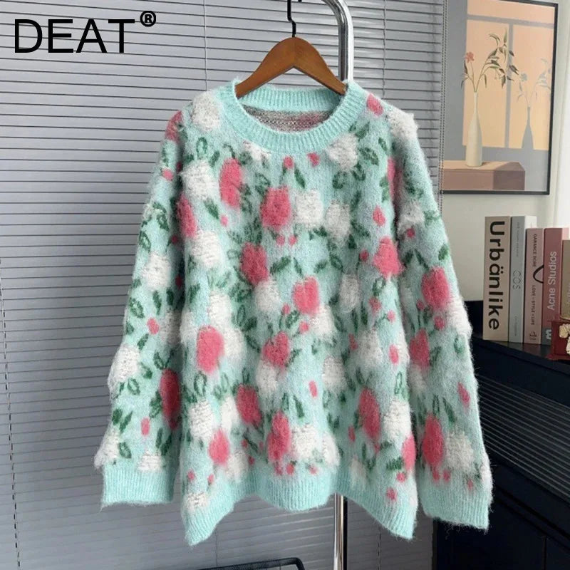 Autumn Winter New Fashion Heavy Industry 3D Pink Flower Pullover Sweater For Women Loose Lazy Style Knitted 11A07837