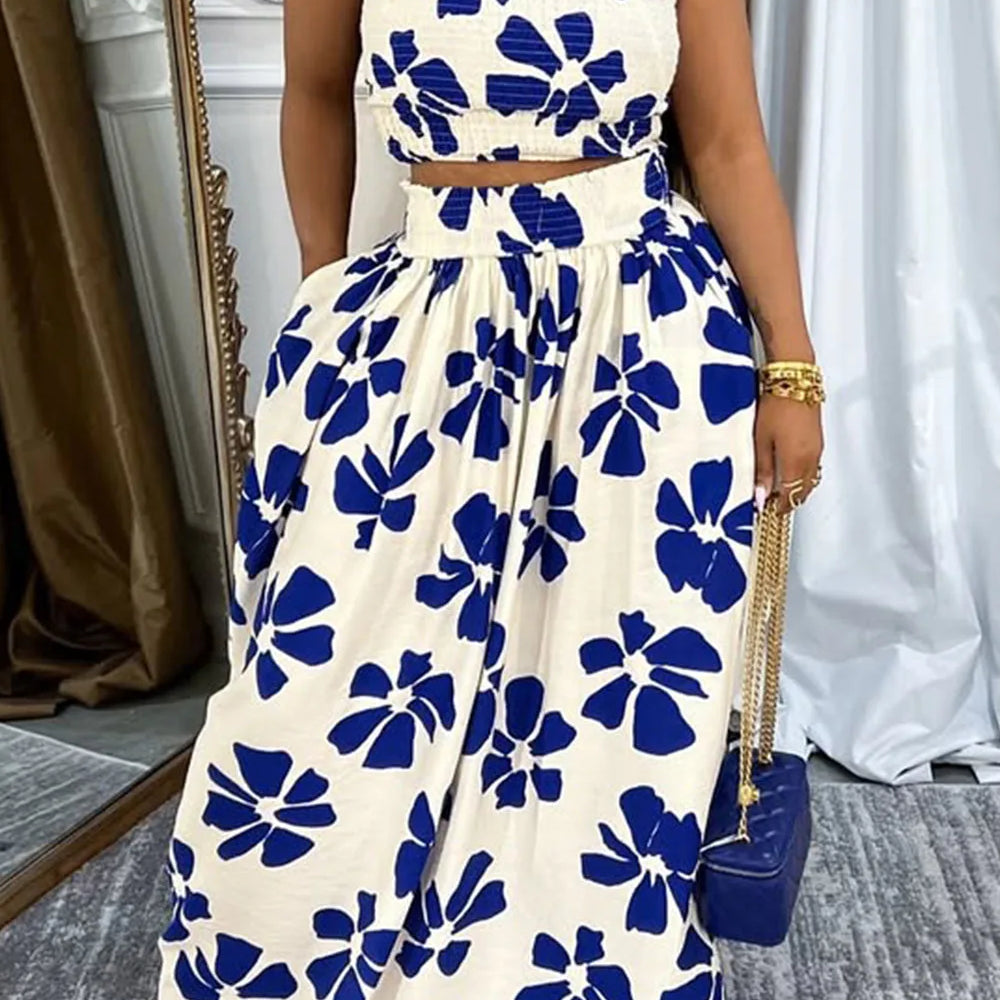 Plus Size Vacation Blue Graphic Pocket Smocking Two Piece Skirt Sets Blue
