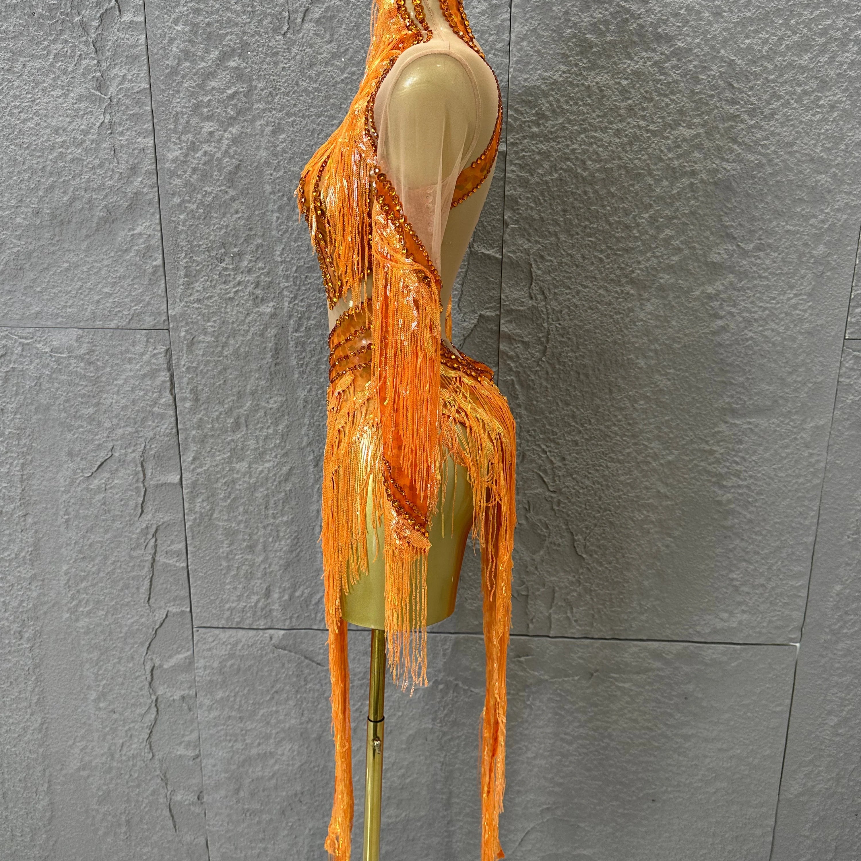 Sparkly Orange Rhinestone Fringe High Neck Dress Women Sheer Mesh Embellished Latin Dance Performance Costume