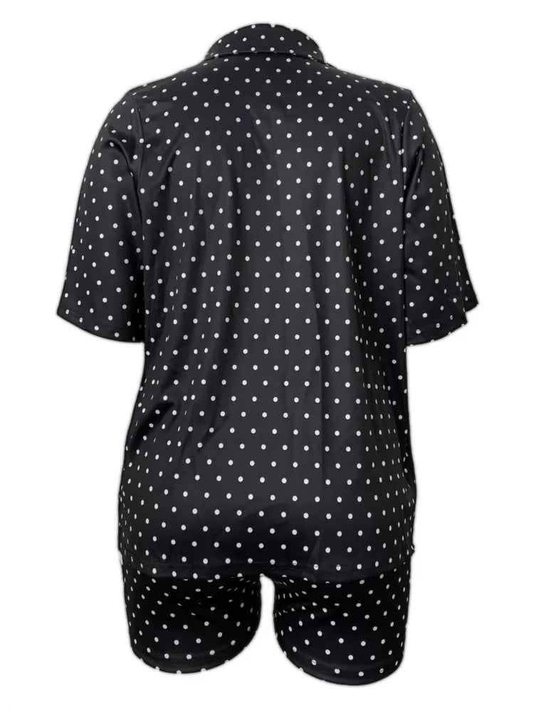 Plus Size Summer Polka Dot Print 2 Two Piece Set Women Casual Fashion Ladies Blouses High Waist Loose Woman Shorts