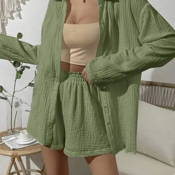 100% Cotton Gauze Muslin Sets For Women 2 Pieces Long Sleeve Shirts And Loose High Waist Mini Shorts Sets Ensemble Femme army green