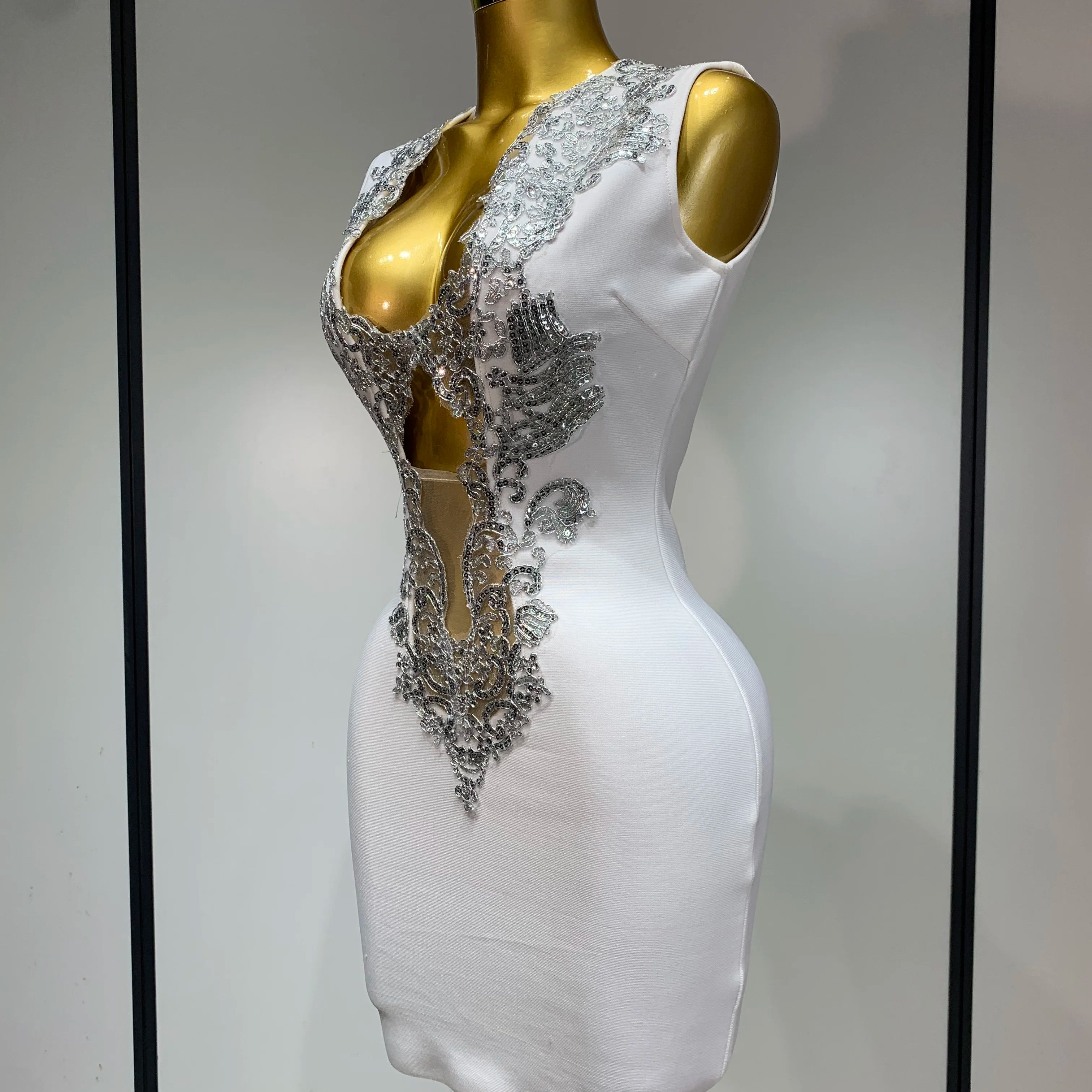 Women 2025 Sexy V Neck Cut Out Short Bandage Dress Silver Sequin White Elegant Luxury Birthday Party Club Wedding Vestidos