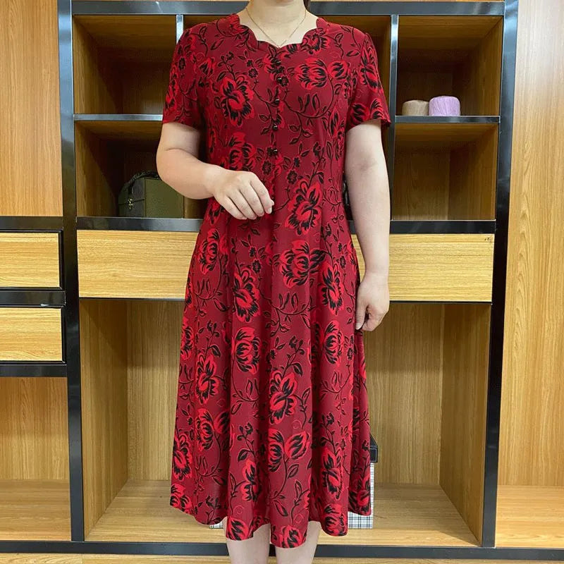 Vacation New Jacquard 2024 Summer Fashion Female Clothing V-Neck Splicing Floral Printing Short Sleeve Middle Length Dresses Red