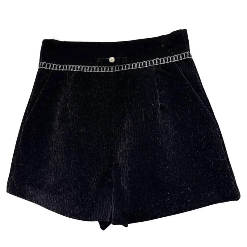 Winter New Fashion Pearl Bow Embroidered Edge Corduroy High Waist Shorts For Women Black Wide-leg Boot Pants 11A07497