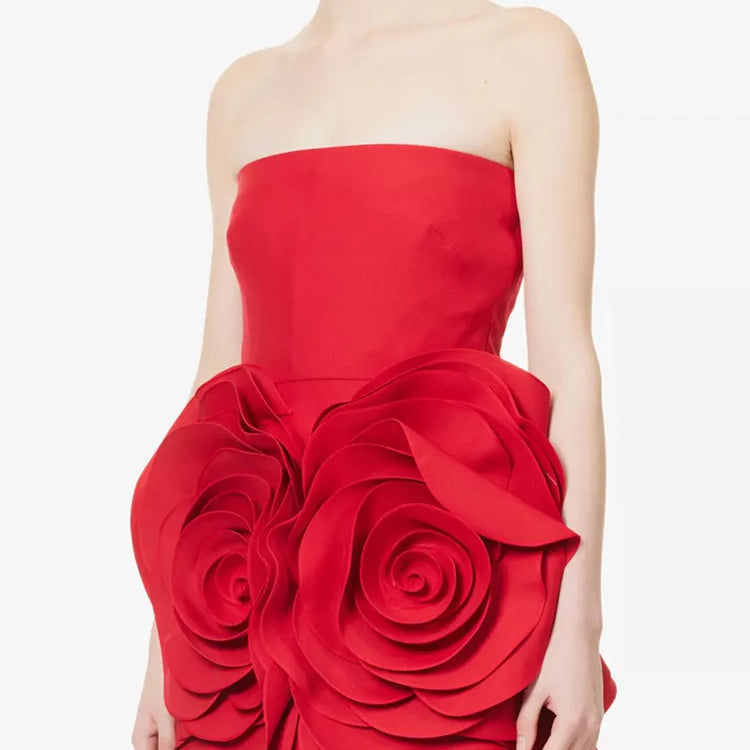 Women Celebrity Sexy Strapless Backeless Red Flower Mini Bodycon Bandage Dress Elegant Evening Club Party Dress