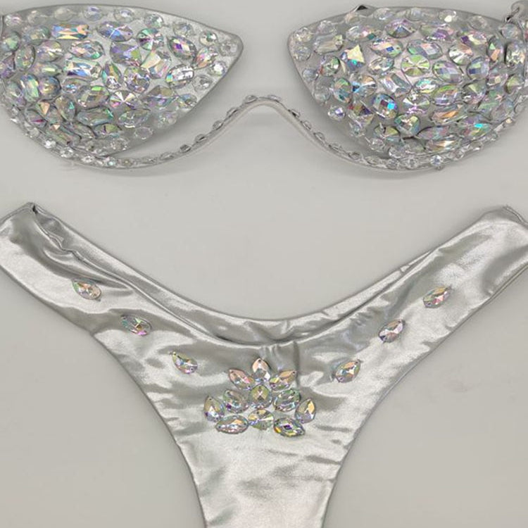 Women's Swimwear Bikini Swimsuit 2024 For Women Summer Beach Shiny Crystal Padded Push Up Bikinis Thong Bathing Sets Outfits Silver