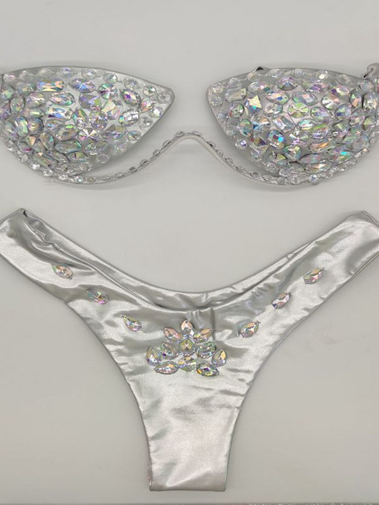 Women's Swimwear Bikini Swimsuit 2024 For Women Summer Beach Shiny Crystal Padded Push Up Bikinis Thong Bathing Sets Outfits Silver