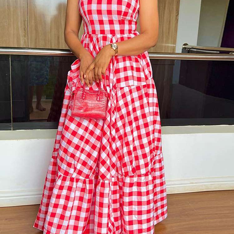 VONDA Summer Long Maxi Dress Women 2024 Casual Short Sleeve Square Collar Vintage Plaid Party Bohemian Vestidos Loose Sundress C-Red