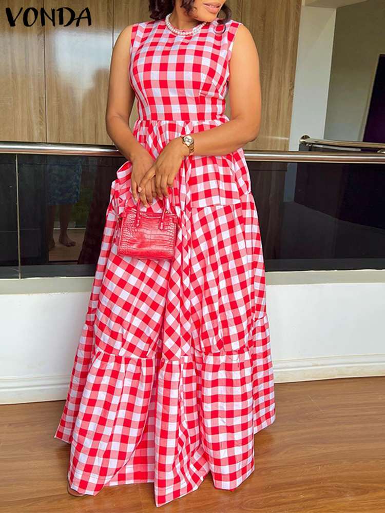 VONDA Summer Long Maxi Dress Women 2024 Casual Short Sleeve Square Collar Vintage Plaid Party Bohemian Vestidos Loose Sundress C-Red