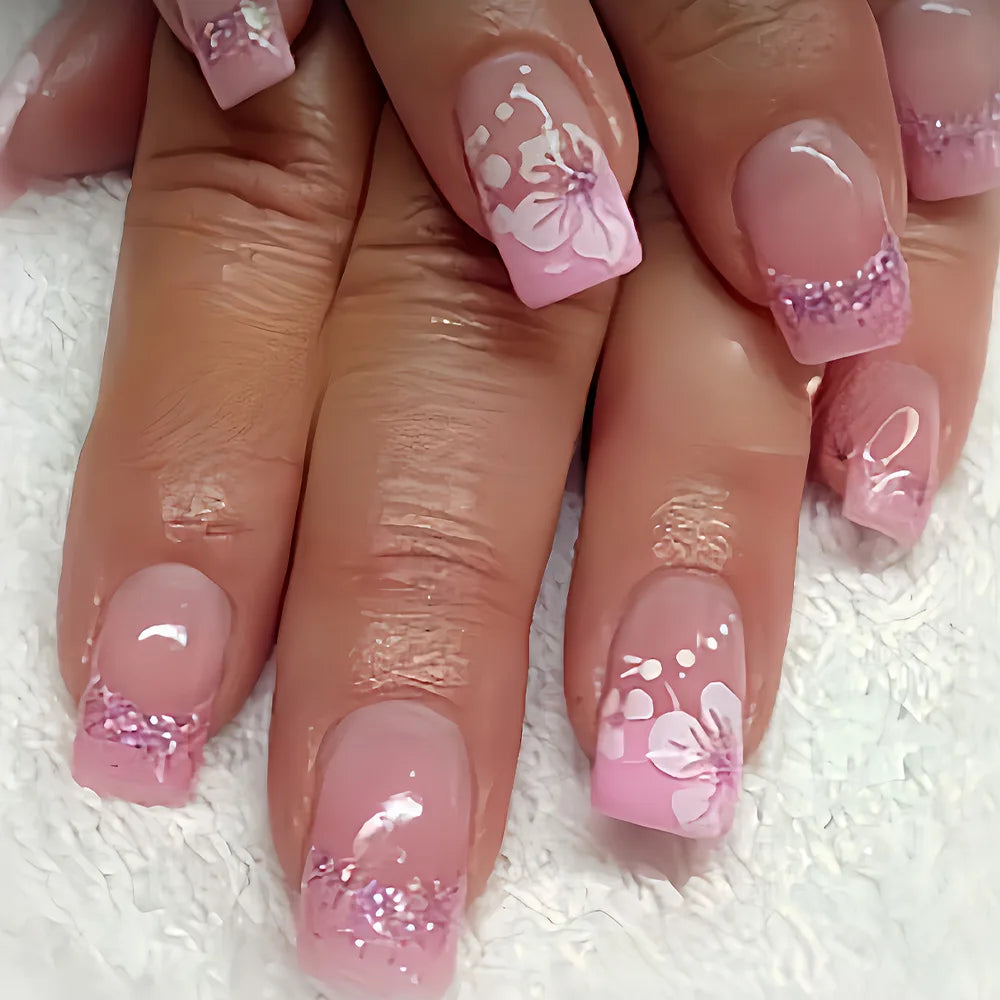 24Pcs French Pink Press on Nails Short Square Head Fake Nails with Flower Rhinestone Design Wearable Finished False Nail Tips 932