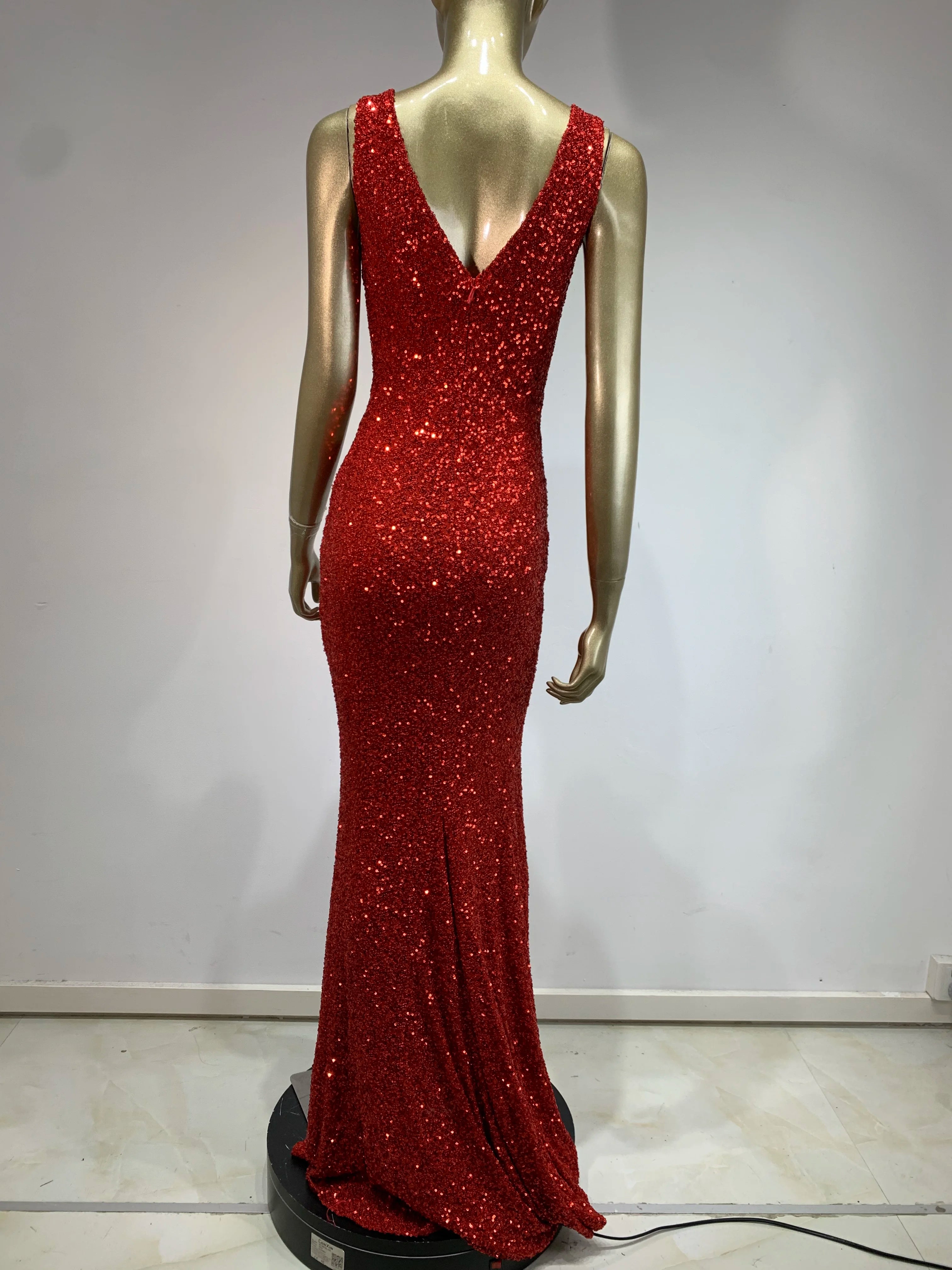 Women Luxury Sexy V Neck Cut Out Red Sequins Maxi Long Gowns Dress 2024 Elegant Evening Party Club Dress Vestido