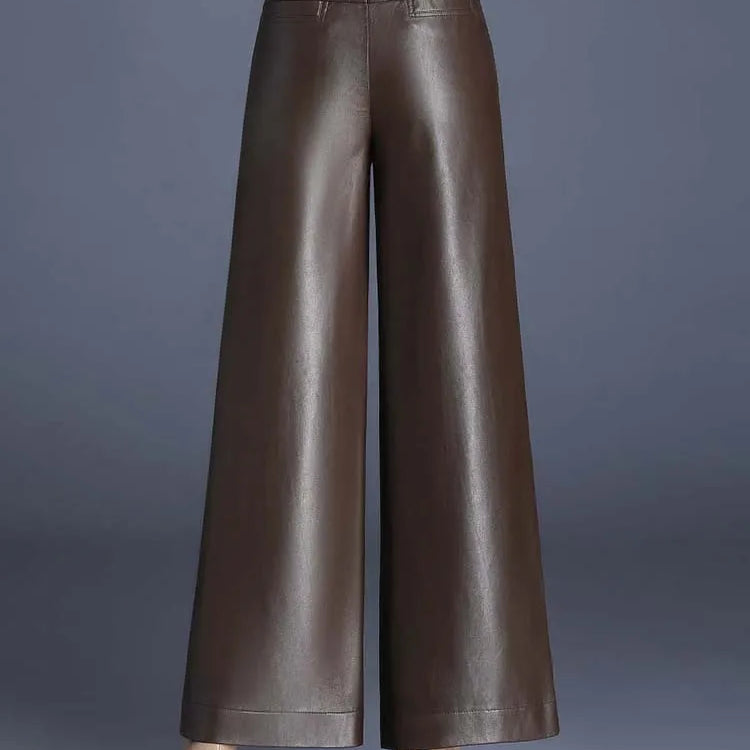 ZUZK Women PU Leather Wed Leg Pants Autumn Winter Fashion Warm Long Leather Pants Elegant LeatherTrousers