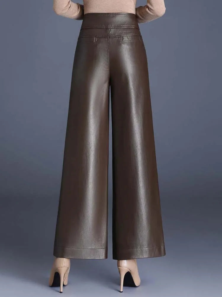 ZUZK Women PU Leather Wed Leg Pants Autumn Winter Fashion Warm Long Leather Pants Elegant LeatherTrousers