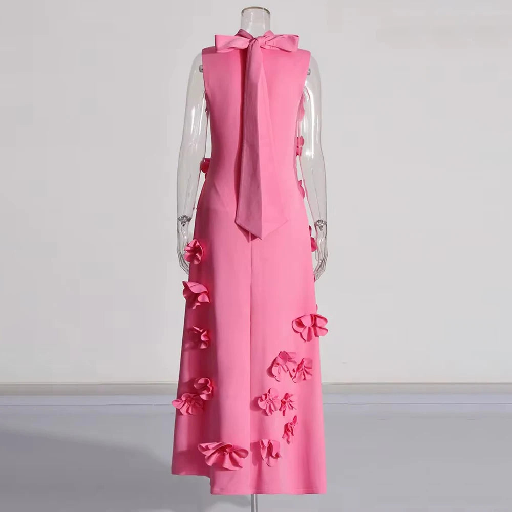 Solid Spliced Lace Up Dress For Women Stand Collar Sleeveless High Waist Patchwork Applique Maxi Dresses Female