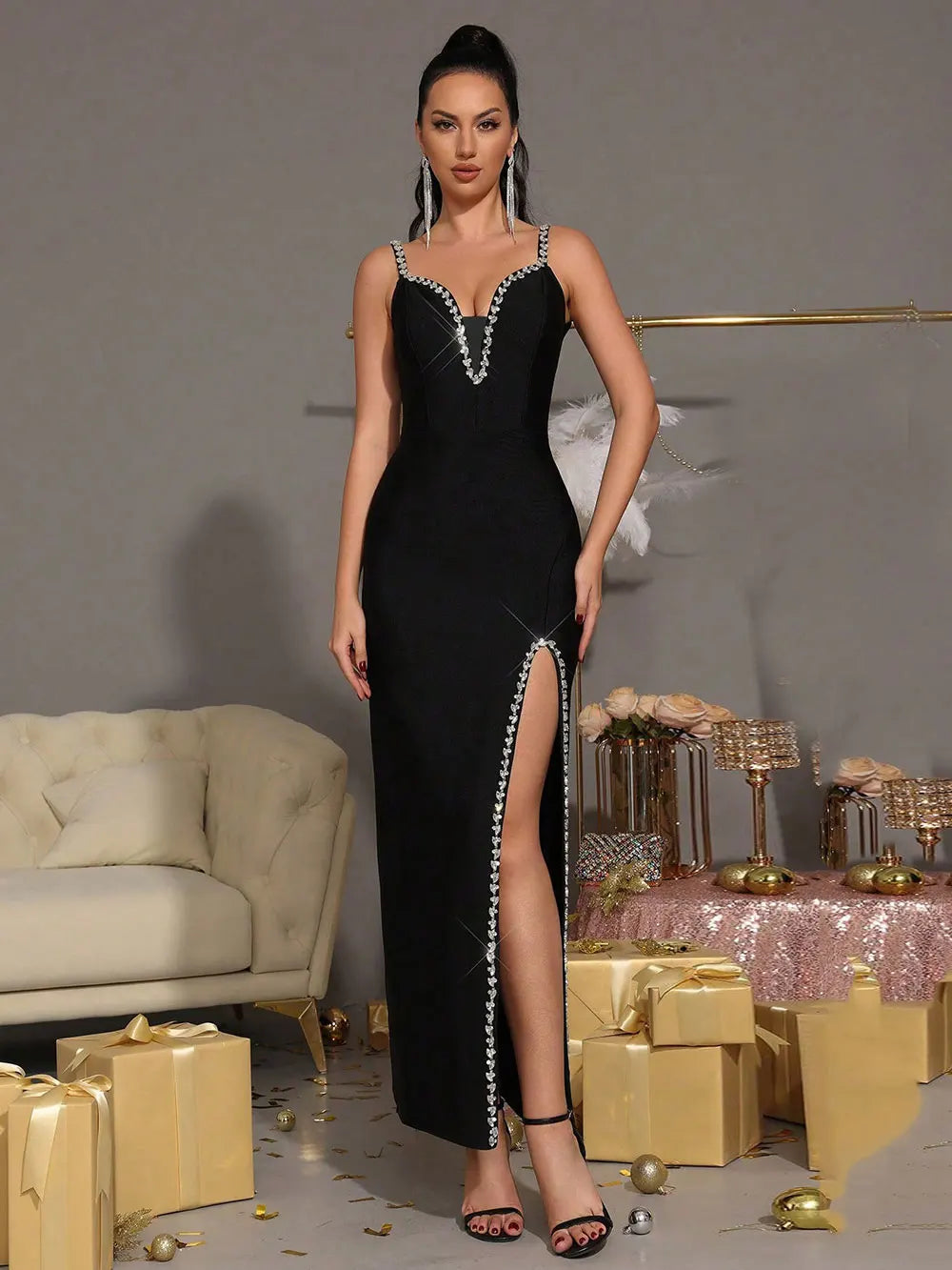 2025 Sexy Women's Nail Diamond Design Bandage Long Dress Spaghetti Strap Sleeveless Bodycon Split Dress Evening Party Vestidos black