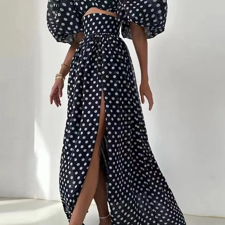 TWOTWINSTYLE elegant Polka dot two piece sets square collar puff sleeve tops high waist split skirt chic set female fashion 2023