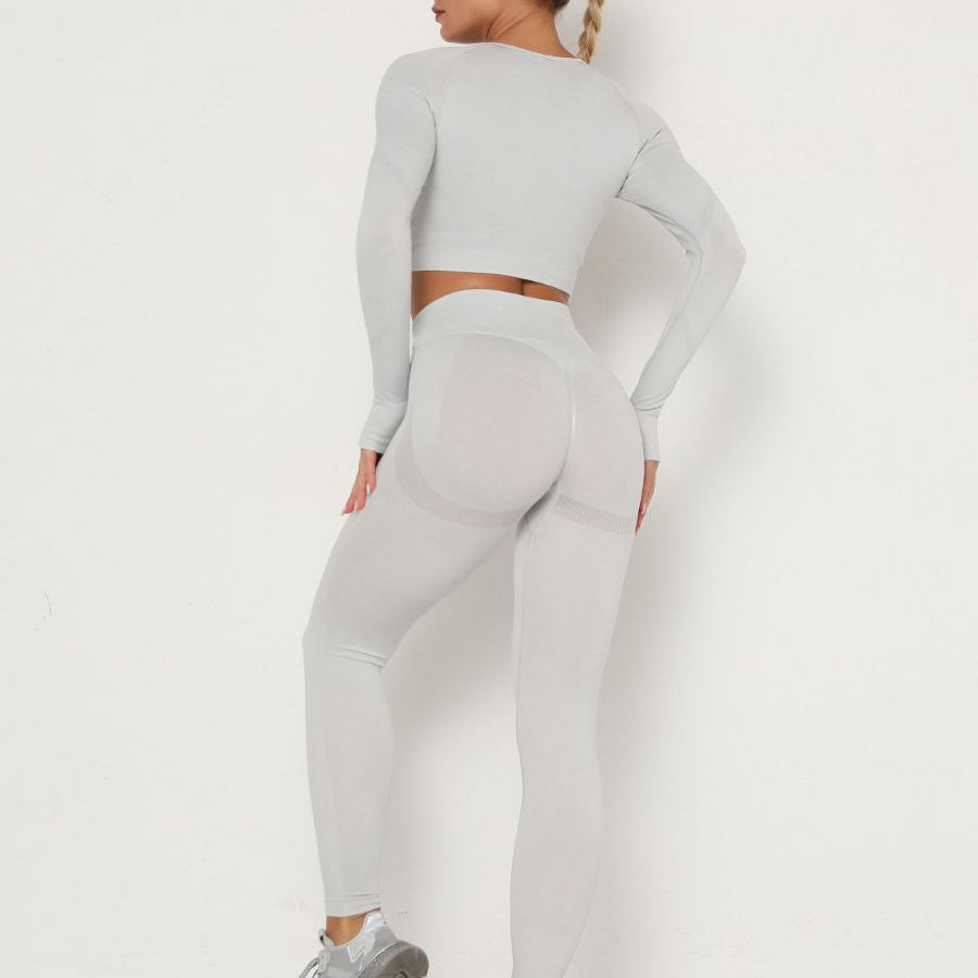Women's Sets Skinny Tracksuit Breathable Bra Long Sleeve Top Seamless Outfits High Waist Push Up Leggings Gym Clothes Sport Suit New Set Light Grey