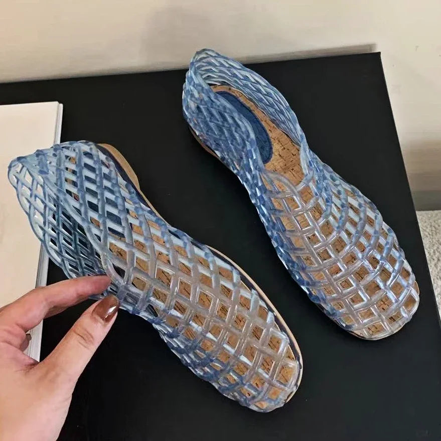 Summer Jellies Shoes Women Fashion Transparent Mesh Hollow Out Beach Shoes Ladies Flat Sandals Colourful Round Toe Jelly Sandals