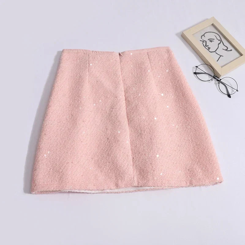 ABRINI Women Office High Waist A-line Tweed Skirt Party Mini Slim Skirt Chic Shiny Slim Skirts For Women Spring Summer