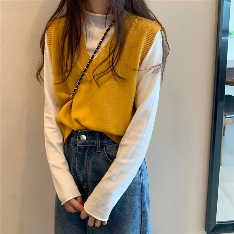 Women Knitted Sweater Vest Spring Autumn Short Loose Vintage Sweater Sleeveless Girls V-Neck Pullover Tops Female Outerwear yellow One Size